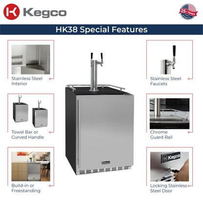 Kegco Kegerator 24" Wide Dual Tap Black/Stainless Steel Undercounter Beer Dispenser HK38BSU-2