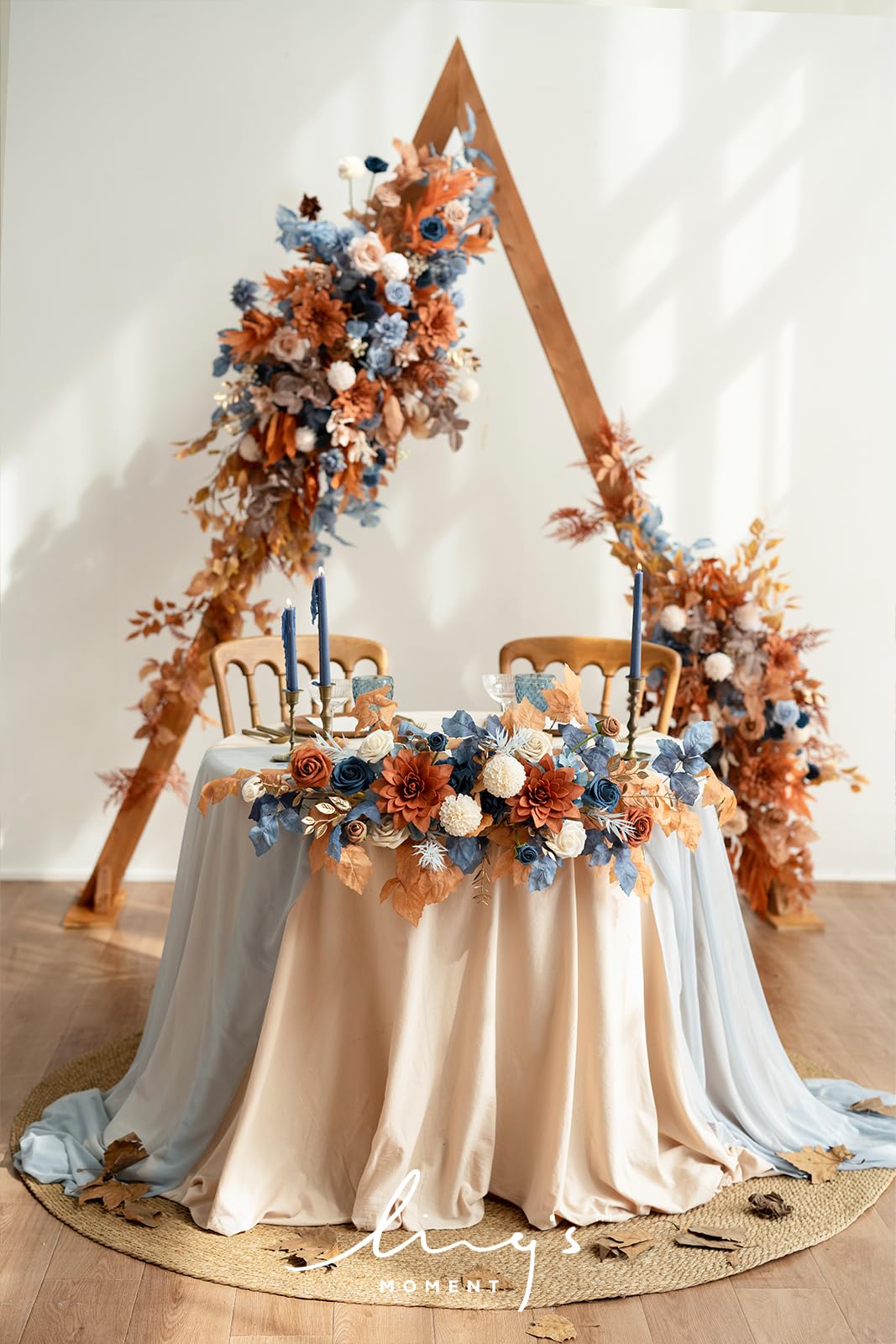 Ling's moment Fall Wedding Arch Flowers with Sheer Drapes Kit - Artificial Orange and Navy Blue Floral Arrangements for Ceremony Backdrop, Arbor Decor, 5-Piece Set (2 Flower Stems + 3 Hanging Drapes)