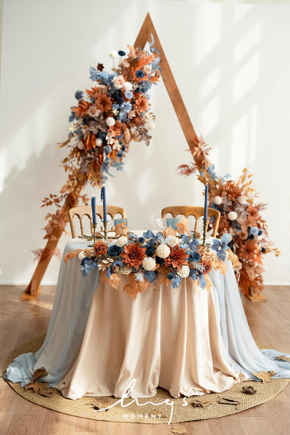 Ling's moment Fall Wedding Arch Flowers with Sheer Drapes Kit - Artificial Orange and Navy Blue Floral Arrangements for Ceremony Backdrop, Arbor Decor, 5-Piece Set (2 Flower Stems + 3 Hanging Drapes)
