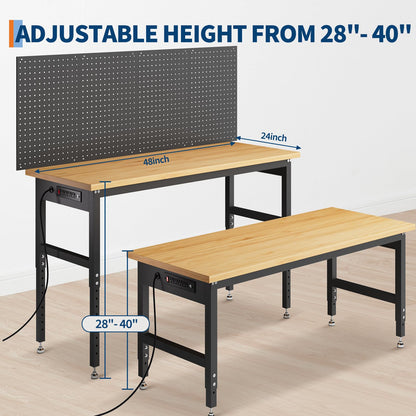 60" x 24" Bamboo Top Workbench with Drawer, Heavy-Duty Garage Work Bench, Adjustable Height Wood Work Table, Strong Construction for Workshop, DIY, and Home Office