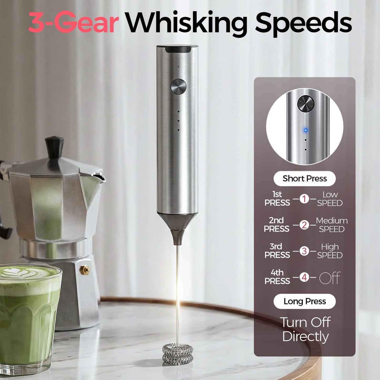 YARRAMATE Rechargeable Milk Frother Wand Handheld, 3 Speed Adjustable Electric Drink Mixer with 2 Whisks, Stainless Steel Stirrer for Coffee, Lattes, Protein Shakes, Matcha, Egg