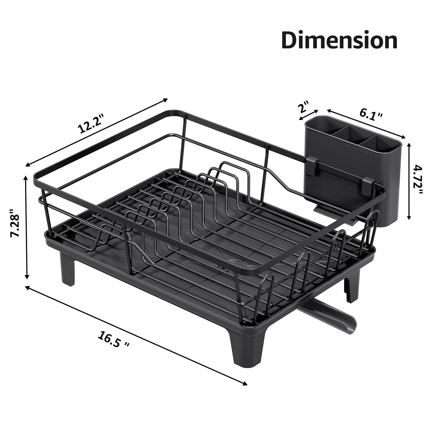 Urackify Dish Drying Rack for Kitchen Counter, Sink Dish Rack with Drainboard 12.2" W x 16.5" L, Large Dish Drainer with Cutlery Holder, Home Countertop Plate Dryer Storage Rack, Black
