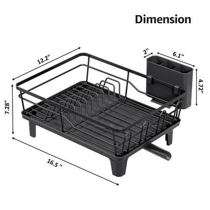 Urackify Dish Drying Rack for Kitchen Counter, Sink Dish Rack with Drainboard 12.2" W x 16.5" L, Large Dish Drainer with Cutlery Holder, Home Countertop Plate Dryer Storage Rack, Black
