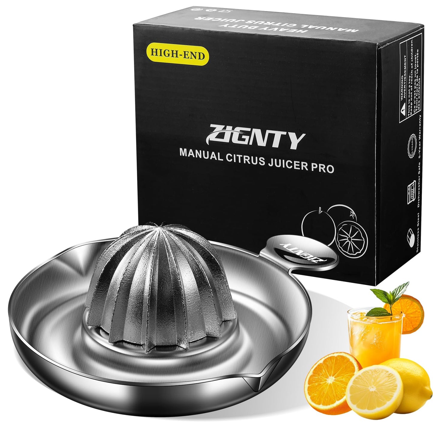 ZIGNTY Lemon Squeezer Stainless Steel, Heavy Duty Manual Hand Juicer, Premium Citrus Reamer Juicer Rotation, Lime Orange Fruit Squeezer, 200ML Container 2 Pour Spouts, Dishwasher Safe（5-Year Warranty）