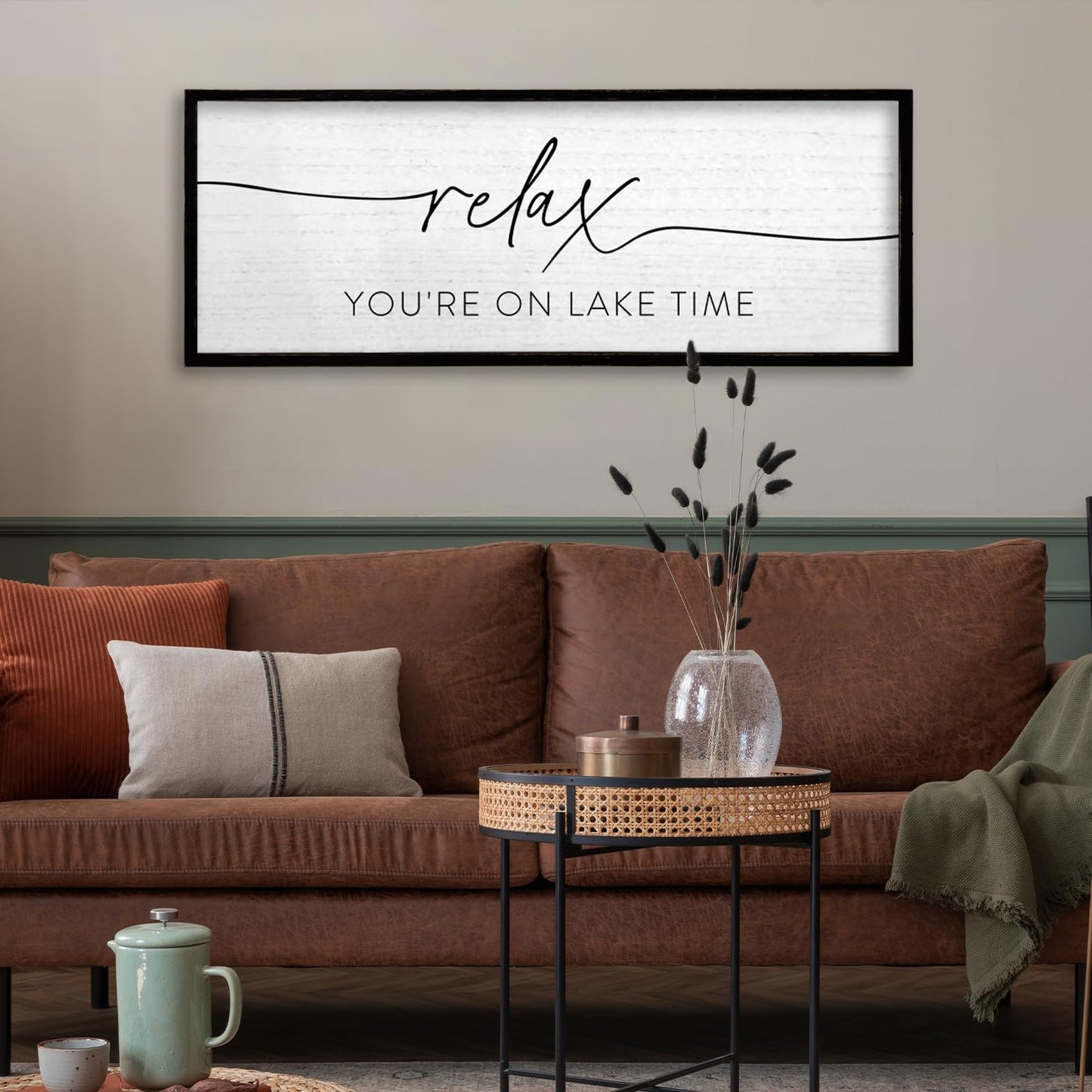 TQianJiang Relax You're On Lake Time Wall Decor 32"×12" Lakeside Quote Sign Lake House Decor for Living Room Bedroom Large Rustic Wooden Framed Wall Hanging Art (Black)