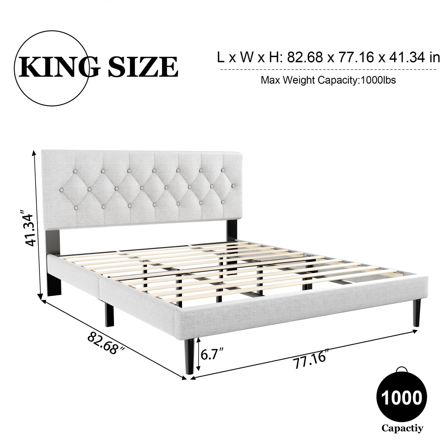 HAOARA King Size Platform Bed Frame with Upholstered Button Tufted Headboard, Mattress Foundation with Wooden Slat Support, Noise Free, No Box Spring Needed, Easy Assembly, Light Grey