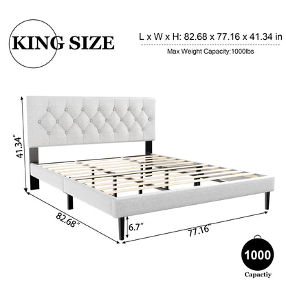 HAOARA King Size Platform Bed Frame with Upholstered Button Tufted Headboard, Mattress Foundation with Wooden Slat Support, Noise Free, No Box Spring Needed, Easy Assembly, Light Grey