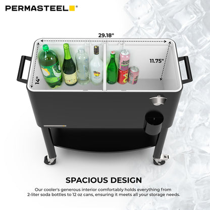 Permasteel Party Cooler with Divider, Spacious 80-Qt Capacity, Chills 36hrs, Serving Tray, Rolling Ice Chest for Indoor and Outdoor Entertainment, Black
