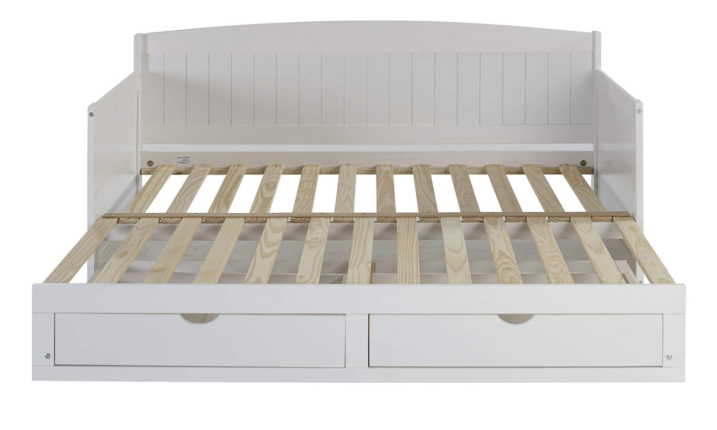 Alaterre Furniture Harmony Twin to King Daybed with Pop Up Trundle Bed - Solid Wood Twin Day Bed with 2 Pull-Out Storage Drawers and 400lb Capacity - For Kids, Guest Room, Living Room (White)