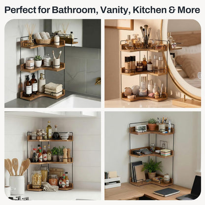 Snuvid 3-Tier Counter Countertop Bathroom Organizer, Wooden Corner Shelf for Vanity Skincare & Makeup, Storage