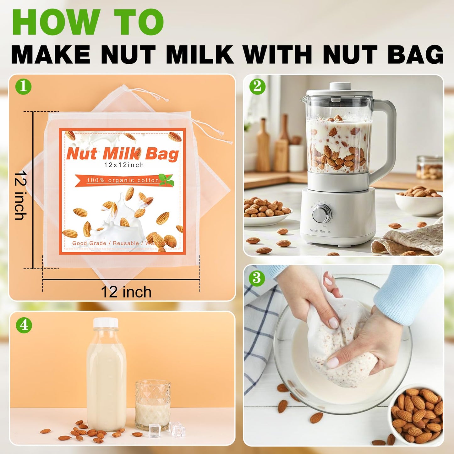 CARBLIN 32 Oz Glass Milk Bottles, 2 Pack Scale Mark Drinking Jug with 2 Nut Milk Bags& Airtight Screw Lid & Silicone Pour Cap& Stickers, 1 Quart Reusable Juice Bottle Water Pitcher for Coffee Yogurt