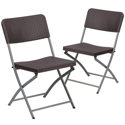 Flash Furniture 2 Pack HERCULES Series Brown Rattan Plastic Folding Chair with Gray Frame