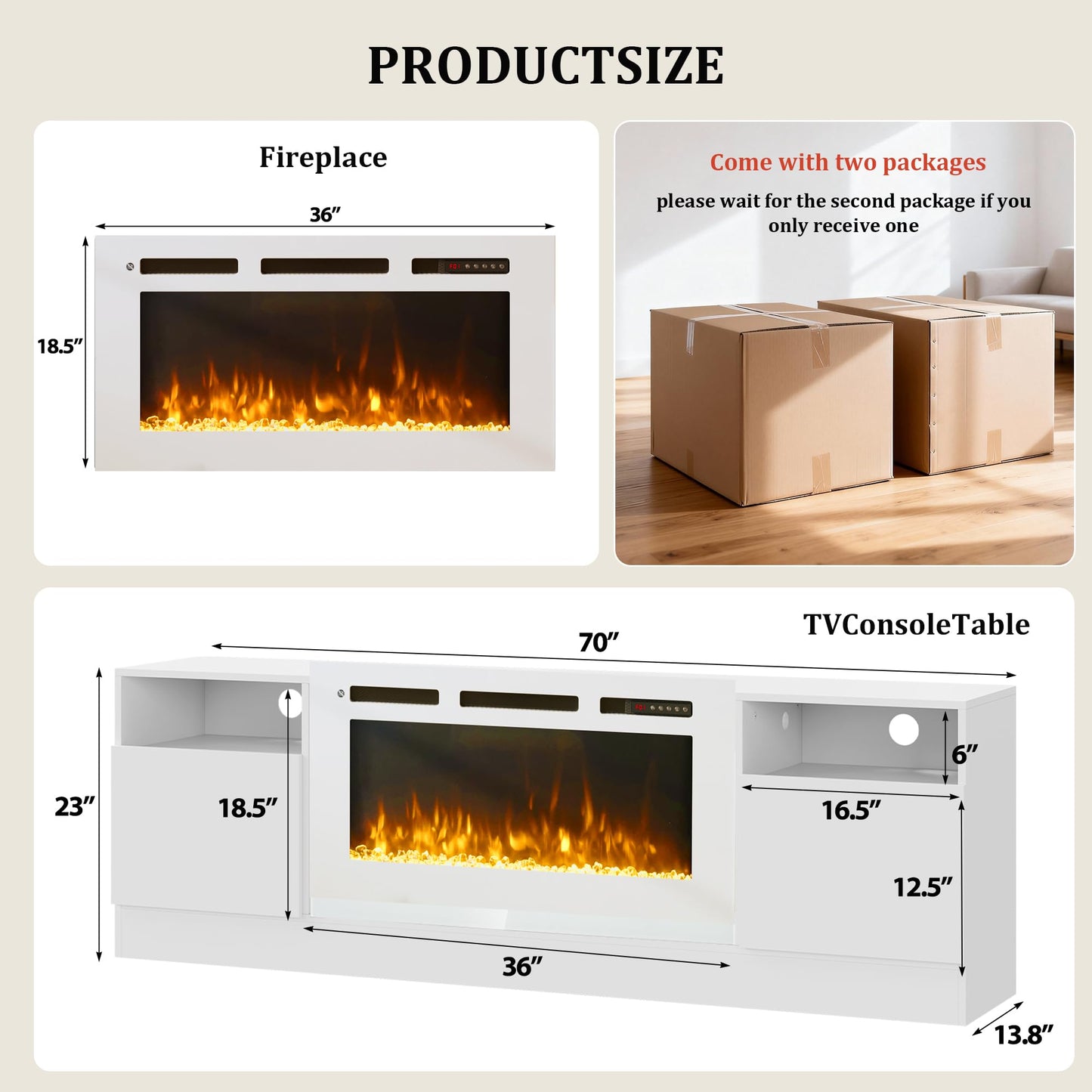 OneBlis 70" Fireplace TV Stand for TVs Up to 80",Entertainment Center with 36” Electric Fireplace and 12 Colors LED Lights,Large TV Console with Storage Cabinet for Living Room,All White