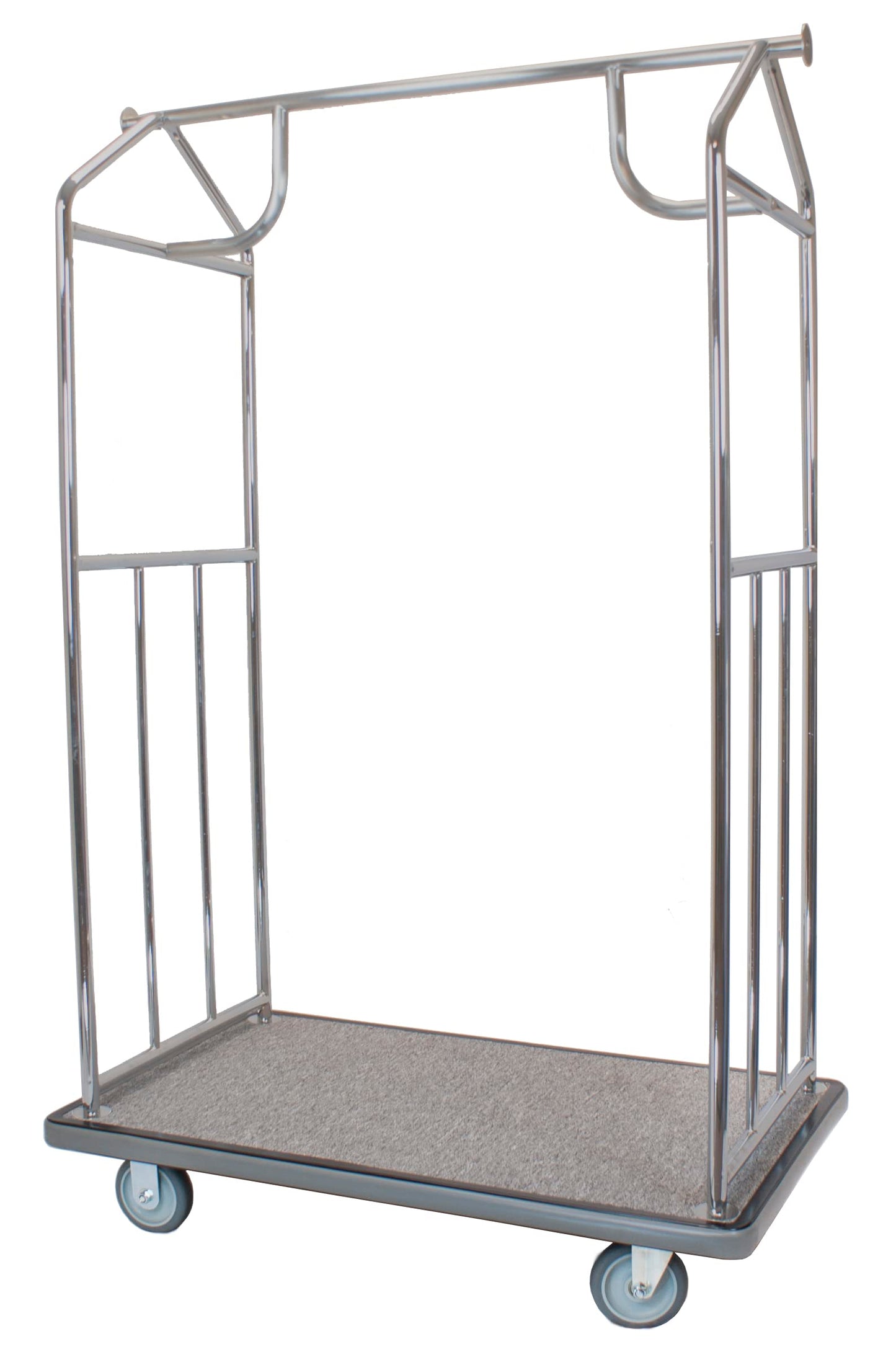 Wholesale Hotel Products Brushed Stainless Steel Luggage Cart – 800lb Capacity – Bellman Cart w/ 5” Rubber Wheels & Gray Carpet, for Hotel, Resorts, Condos, Commercial Use (Value Valet Series)
