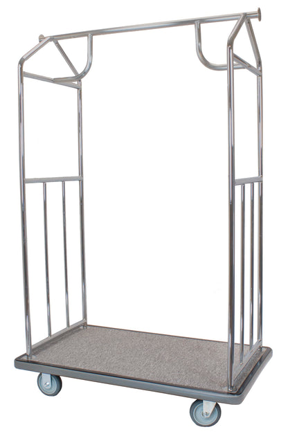 Wholesale Hotel Products Brushed Stainless Steel Luggage Cart – 800lb Capacity – Bellman Cart w/ 5” Rubber Wheels & Gray Carpet, for Hotel, Resorts, Condos, Commercial Use (Value Valet Series)
