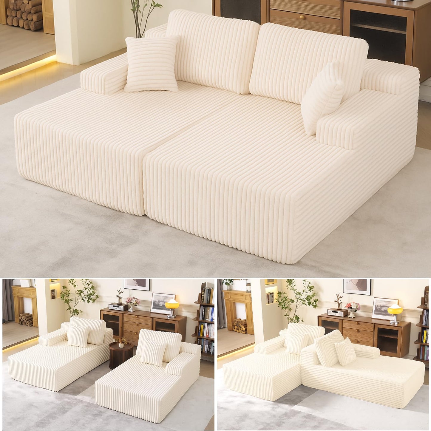 WHGBJA 79'' Convertible Sleeper Sofa Bed, 3-in-1 Foldable Floor Couch with Corduroy Upholstery, No Assembly Loveseat, Light Brown Lounge Mattress for Living Room, Studio, Guest Room (Beige)