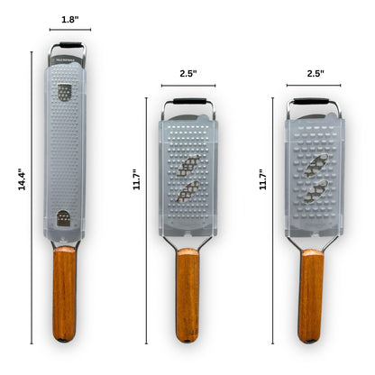 NAZANIN 3-Piece Stainless Steel Cheese Grater & Zester Set w/Acacia Wood Handles – For Parmesan, Lemon Zest, Ginger, and Spices