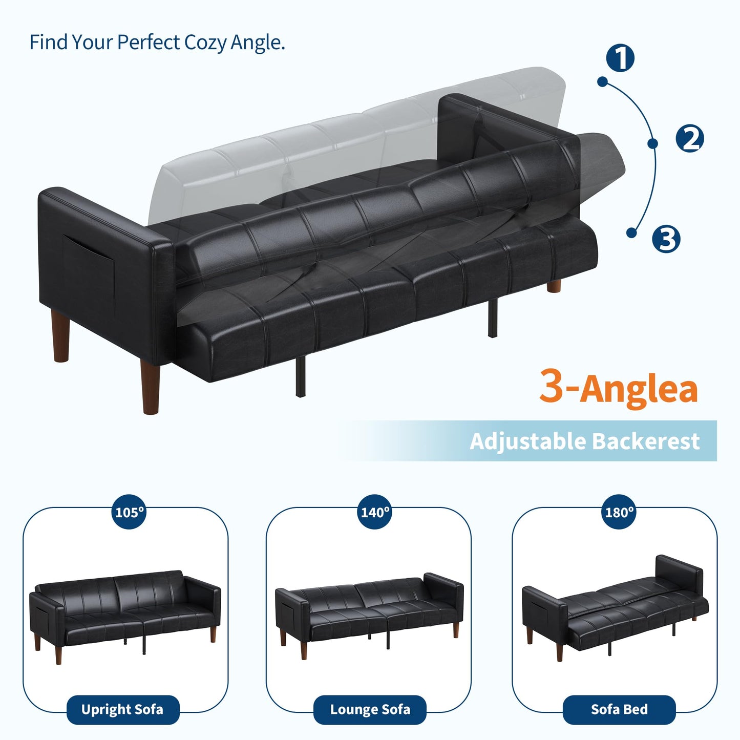 75 in Futon Sofa Bed, Faux Leather Convertible Couch with Adjustable Backrest, Side Pocket, Mid Century Modern Loveseat Sleeper Sofa for Living Room, Bedroom, Apartment, Small Spaces, Black