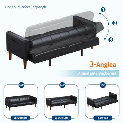 75 in Futon Sofa Bed, Faux Leather Convertible Couch with Adjustable Backrest, Side Pocket, Mid Century Modern Loveseat Sleeper Sofa for Living Room, Bedroom, Apartment, Small Spaces, Black