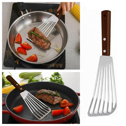 Fish Spatula Stainless Steel Pack of 2 | Slotted Fish Turners for Nonstick Cookware Elegant Silver Blade with Natural Walnut Wooden Handle, 11” Flexible Spatula for Home & Professional Cooking