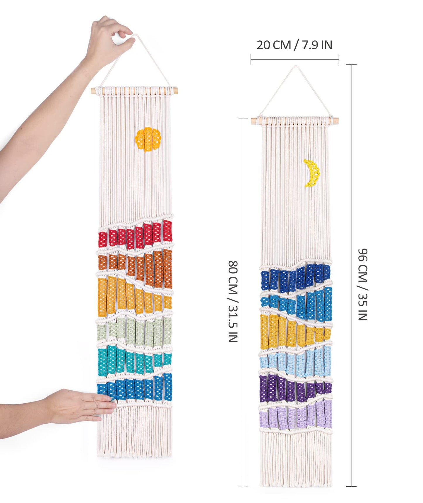 Boho Macrame Wall Hanging Decor Set, 2PCS Southwest Bohemian Handmade Woven Sun&Moon Mountain Geography Tapestry with Long Tassel, Gypsy Rainbow Ornament for Nursery Decoration Girl Christmas Gift