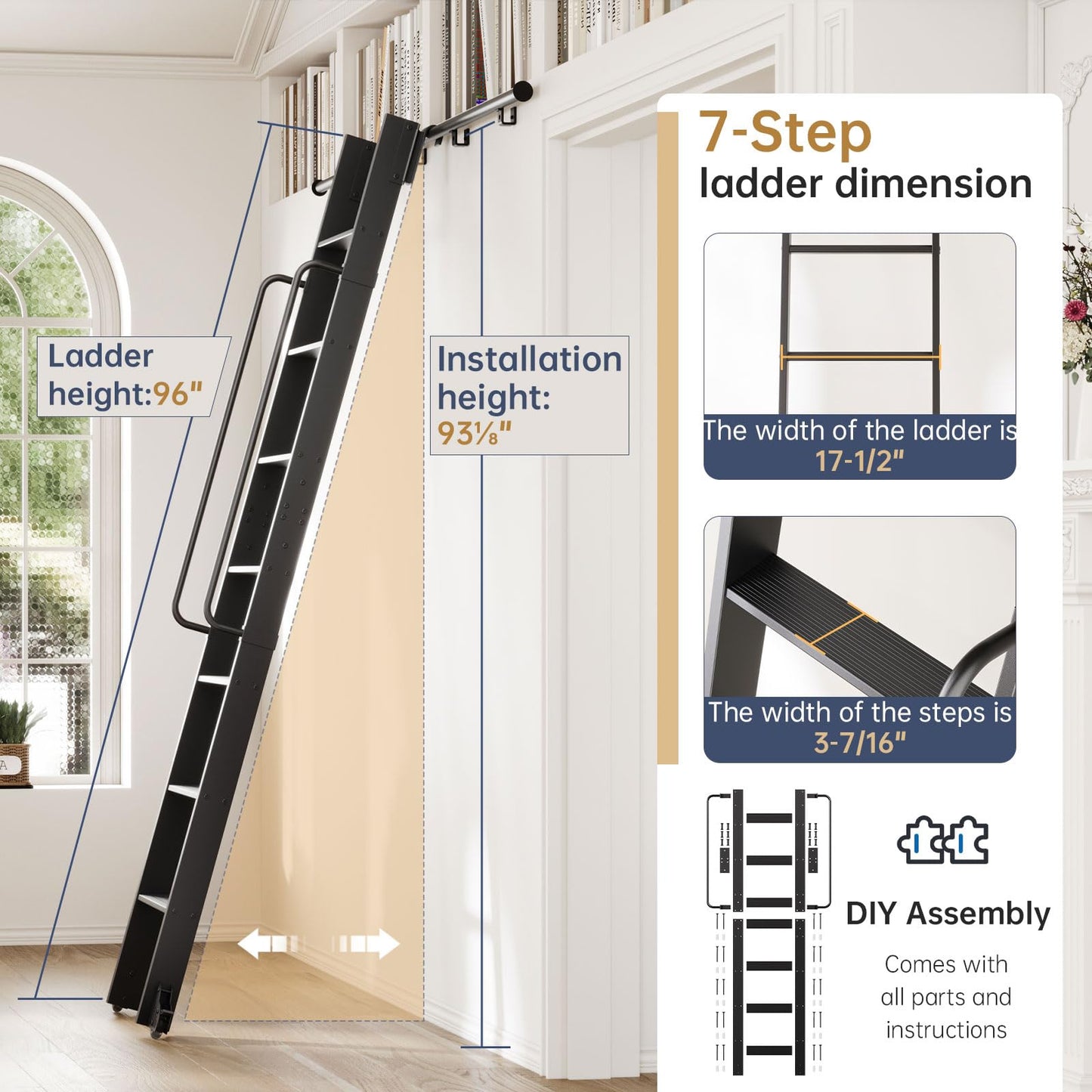 CEAKIAN 8FT Aluminum Rolling Library Ladder with 4FT Sliding Hardware Kit,Telescopic Hook Track with Brake Wheel,7 Steps with Handrail,450lbs Capacity,Black,Easy Assembly,for Loft Bookcase Attic Home