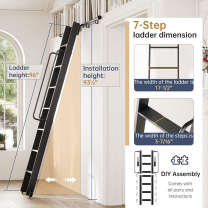 CEAKIAN 8FT Aluminum Rolling Library Ladder with 4FT Sliding Hardware Kit,Telescopic Hook Track with Brake Wheel,7 Steps with Handrail,450lbs Capacity,Black,Easy Assembly,for Loft Bookcase Attic Home