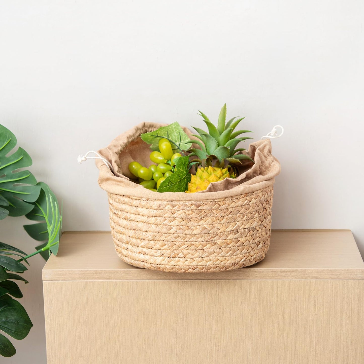Water Hyacinth Handwoven Storage Basket with Drawstring Lid, 10.24x10.24x12.60in Natural Round Organizer for Nursery, Closet, Shelves & Kitchen
