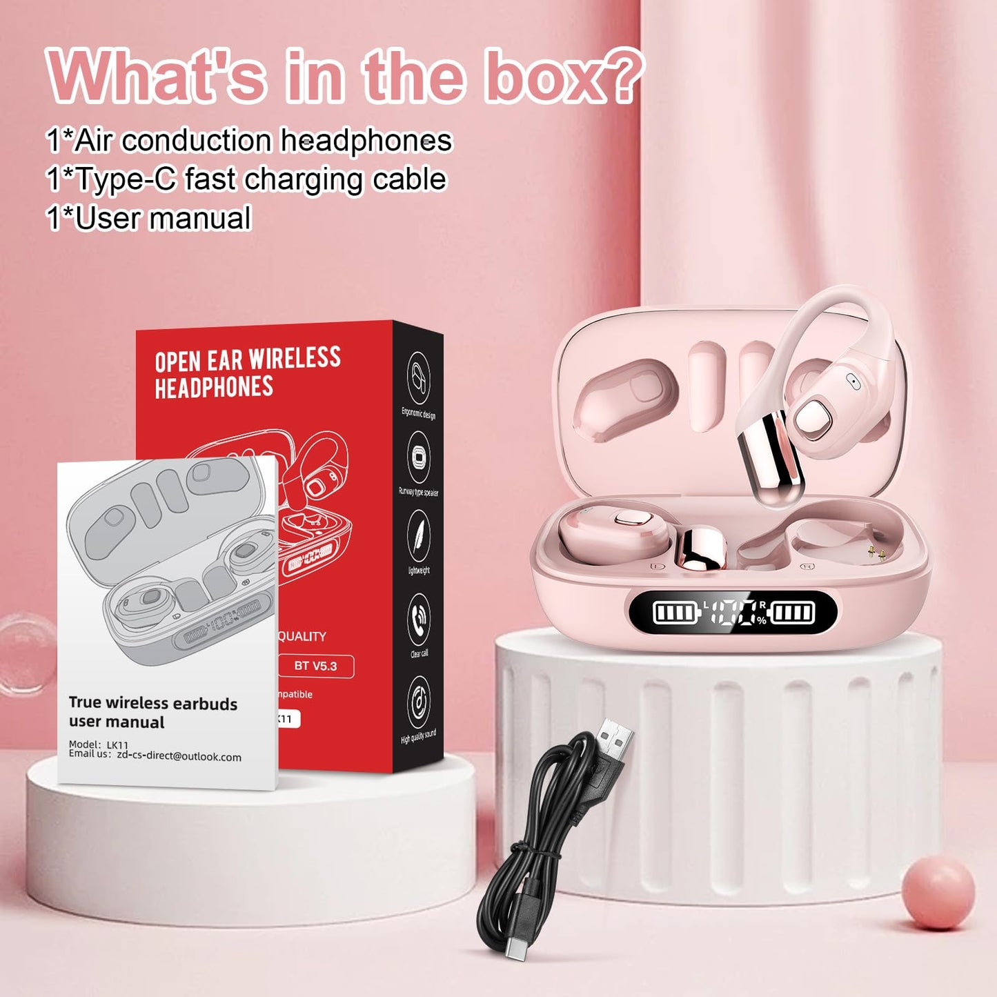 2B2C Open Ear Earbuds, Bluetooth 5.3 Wireless Air Conduction Headphones with Mic, LED Display Charging Case&Fast Charging, Ultra-Light Weight, 80H Playtime Earbuds for Work, Sports (Pink)