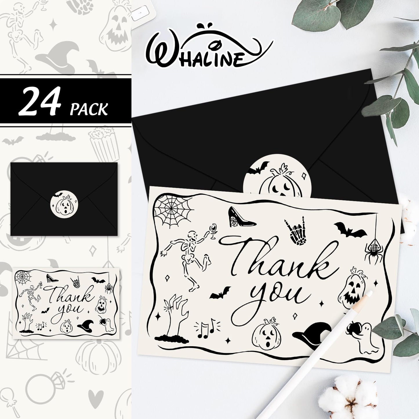 Whaline 24 Pack Halloween Thank You Cards Black Skeleton Pumpkin Ghost Thank You Greeting Note Card with Envelope Sticker for Birthday
