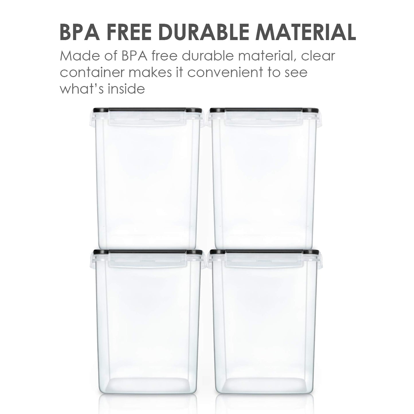 Vtopmart 4 PCS Large Food Storage Containers 5.2L / 175oz, 4 Pieces BPA Free Plastic Airtight Canisters for Flour, Sugar, Baking Supplies, Rice with Lids, 4 Measuring Cups and 24 Labels, Black