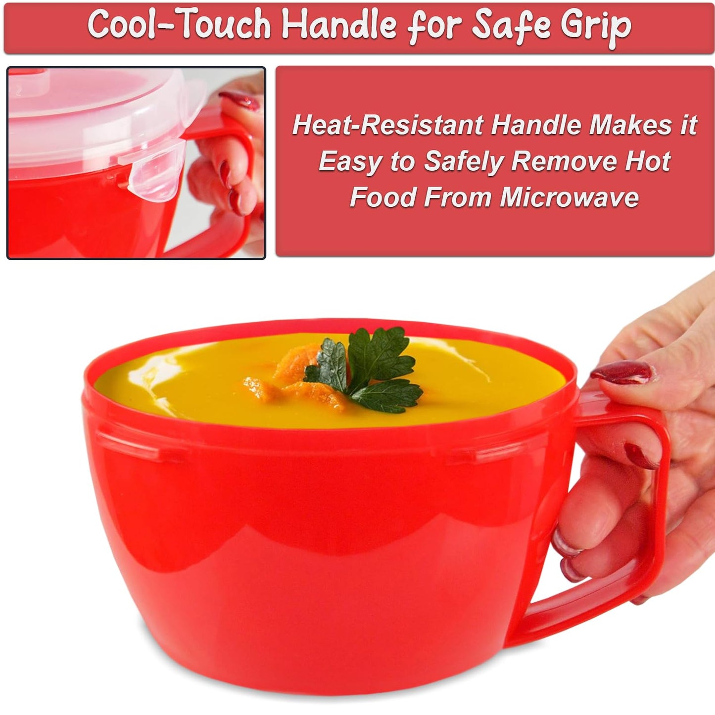 Home-X Set of 2 Microwave Bowls with Lid - Ramen Bowl Microwavable with Steam Release Vents and Easy Locking Clips - BPA-Free, Dishwasher Safe 32oz Soup Mugs with Handle Microwave Safe