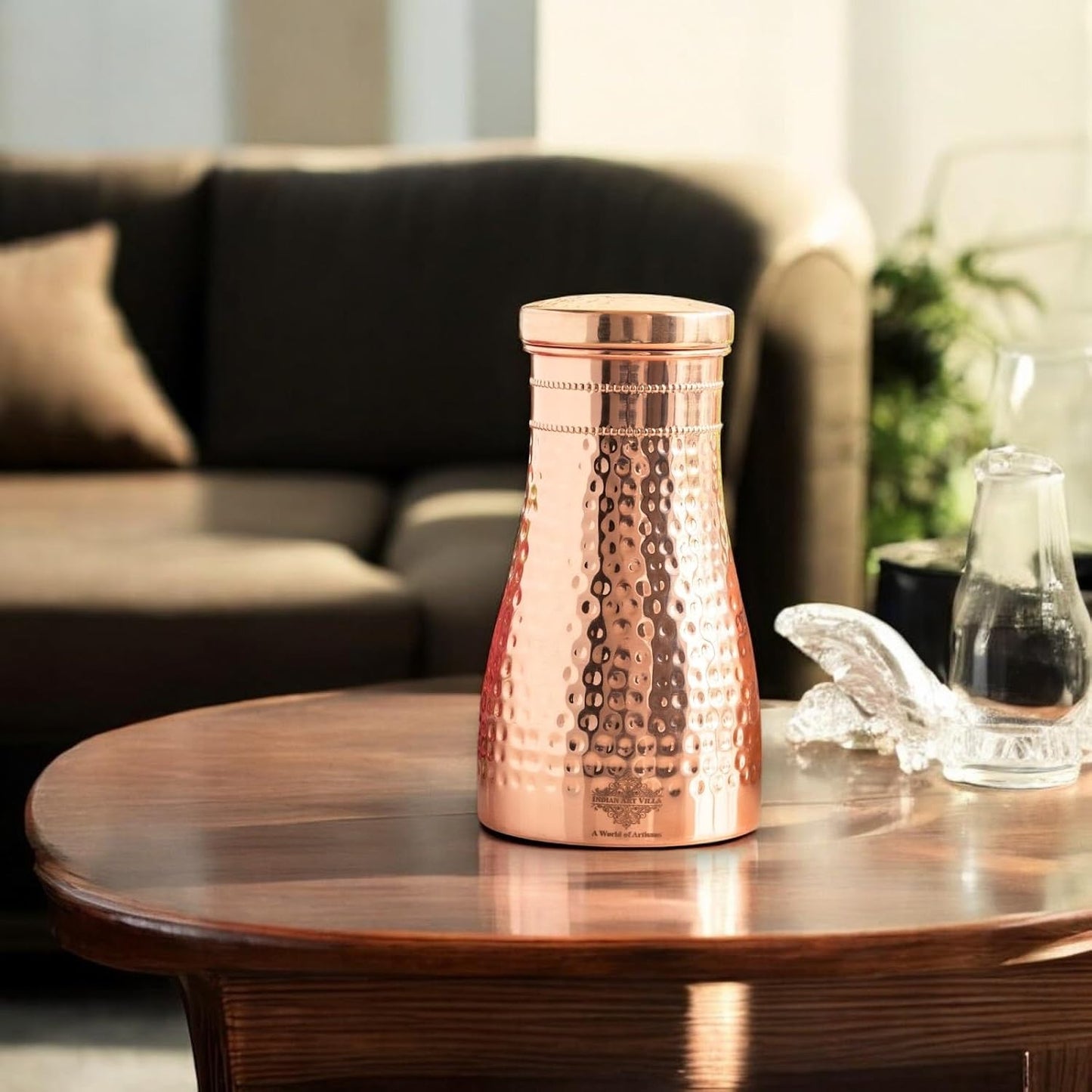 Indian Art Villa Pure Copper Bedroom Water Bottle with Inbuilt Glass & Hammered Shine Design, 32 Oz