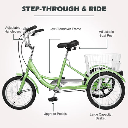 H&ZT Adult Tricycle, 3 Wheeled Bike, Trike Cruiser Bike, with 7-Speed Gear, Parking Brake Handle, Low Step, Large Rear Basket, Elderly Friendly, for Men, Women, and Teens