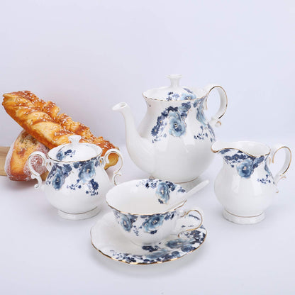 fanquare 21 Pieces Blue Rose British Afternoon Tea Set, Romantic Wedding Birthday Gift Tea Set, Porcelain Coffee Set for Adults