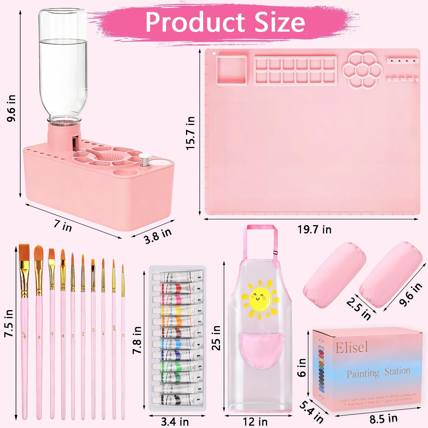 Elisel Painting Station,5 IN 1 Art Paint Supplies Kits,Paint Brush Cleaner (Upgraded),Silicone Painting Mat 12 Colors Paint Set,10 Paint Brushes,Painting Apron for Kids Artist Beginners (Pink, 5)