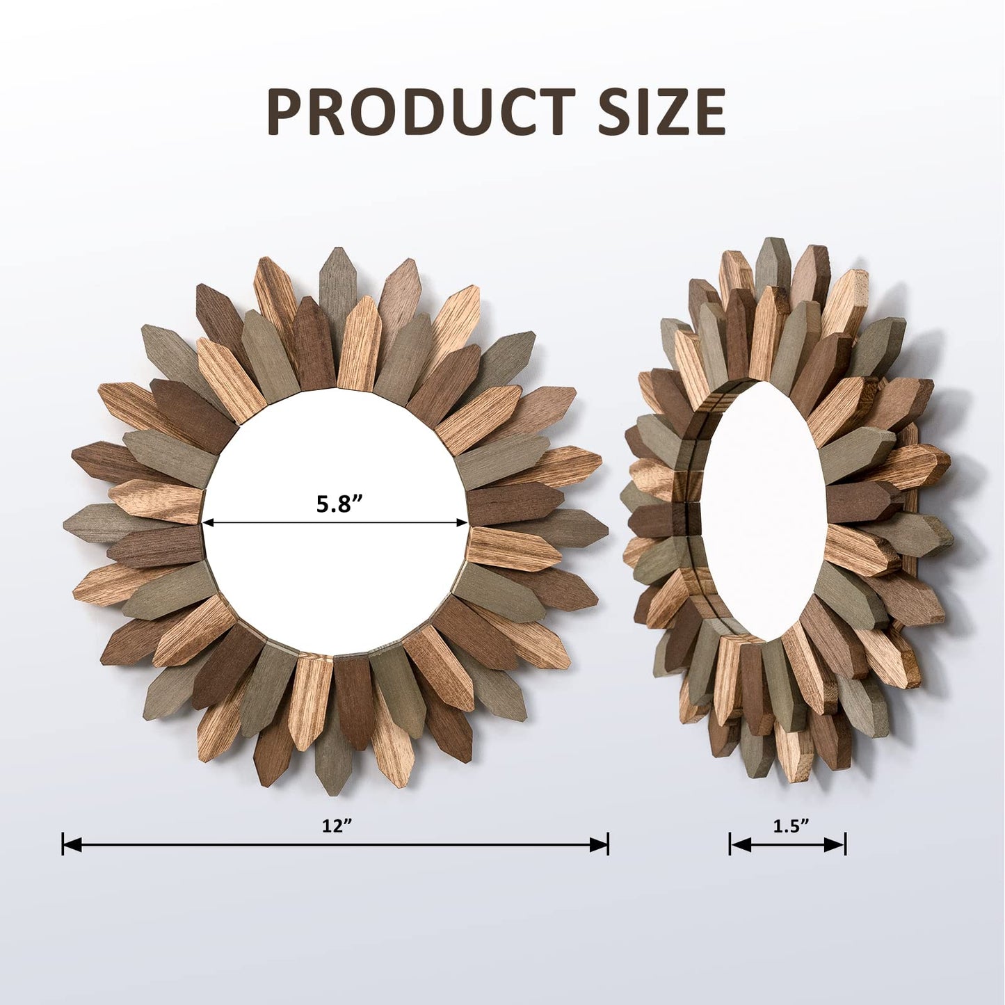 Honiway Boho Wall Decor 12 inch Decorative Mirror with Rustic Wood Sunburst Frame, Perfect for Bedroom, Living Room, Bathroom, Kitchen