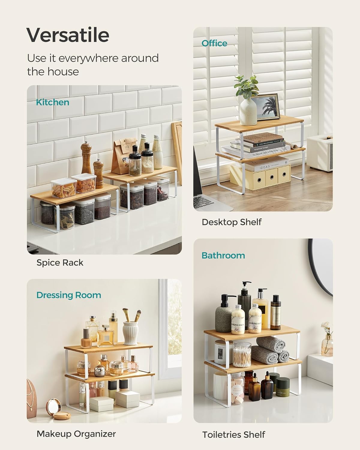 SONGMICS Cabinet Organizer Shelf, Set of 4 Kitchen Storage, Spice Rack, Stackable, Expandable, Metal and Engineered Wood