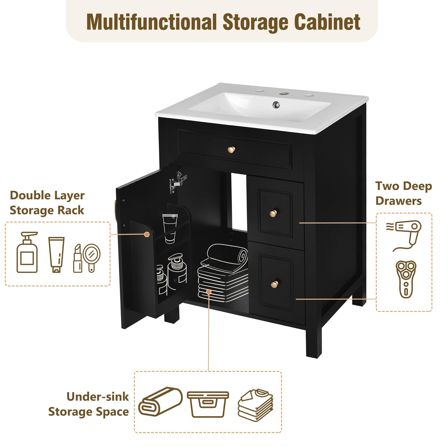 Favfurish 24" Bathroom Vanity with Ceramic Sink,Free Standing Single Basin Vanity w/Soft Close Door and Soft Closing Drawers,Wooden Bath Cabinet with Double Storage Racks on The Door,Black