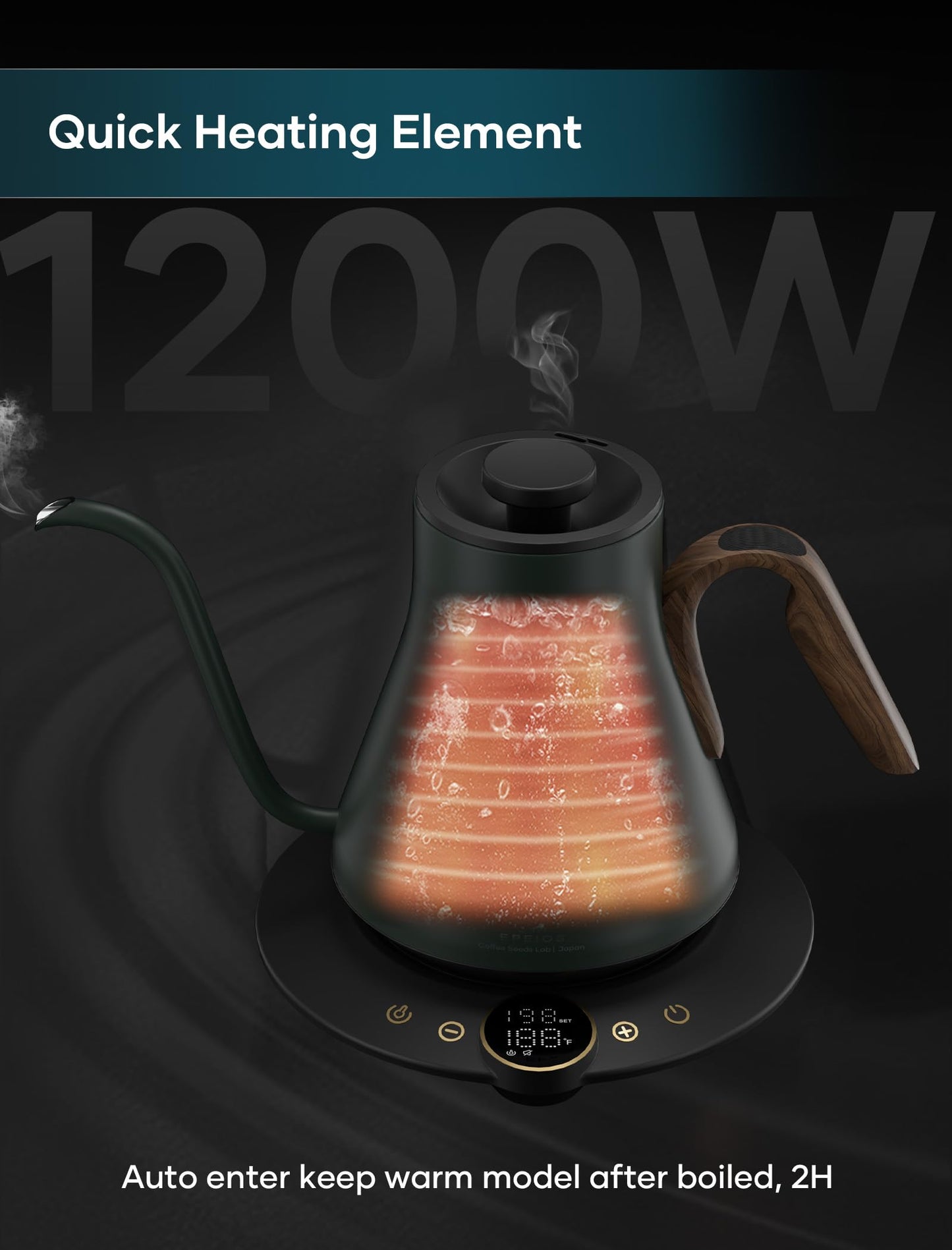 INTASTING Gooseneck Electric Kettle with ±1℉ Temperature Control for Pour Over Coffee & Tea, Quick Heating, BPA-Free Stainless Steel, Built-in Brew Timer, 1500W/0.9L (Forest Green)