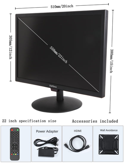 Elweyoo 22 inch Monitoring LCD Display Security Camera Monitor Multifunction Interface HDMI, AV, BNC, VGA, USB, PC Input CCTV Computer Monitor Built-in Speaker 1920x1080 Full HD, Black