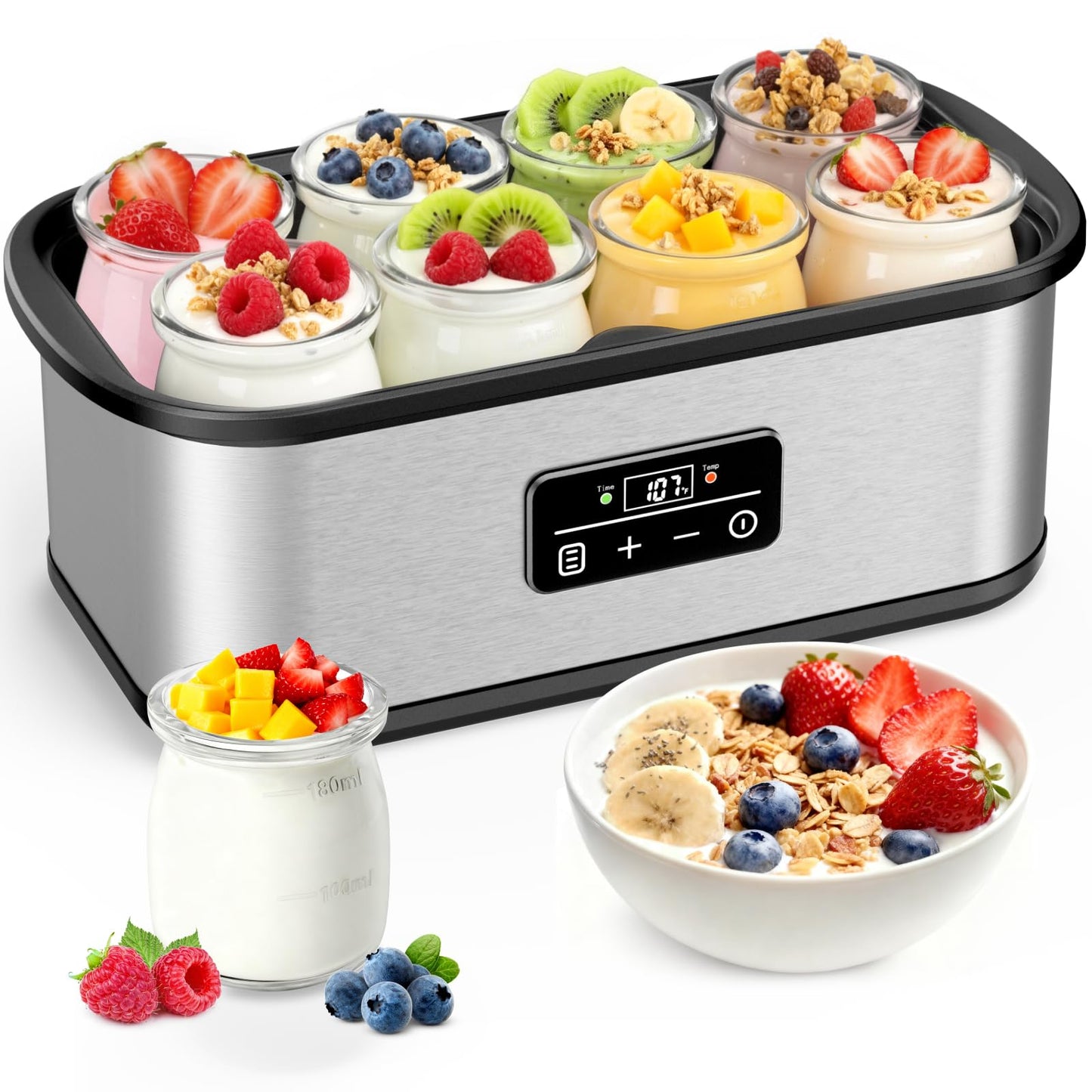 Yogurt Maker with 8 Glass Jars, Yogurt Maker Machine with Adjustable 1-48H Time & Temp Control, Make Healthy Yogurt with Full Probiotics