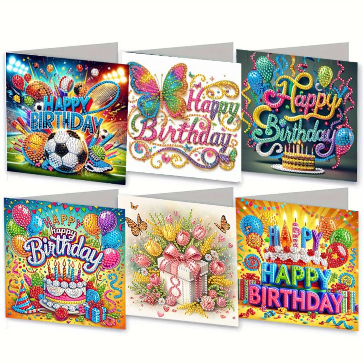 MaiYiYi 6 Pack DIY Happy Birthday Diamond Art Greeting Cards, Cake Diamond Painting Greeting Cards Kit, Butterfly Diamond Painting Cards, for Family Friends Holiday Birthday