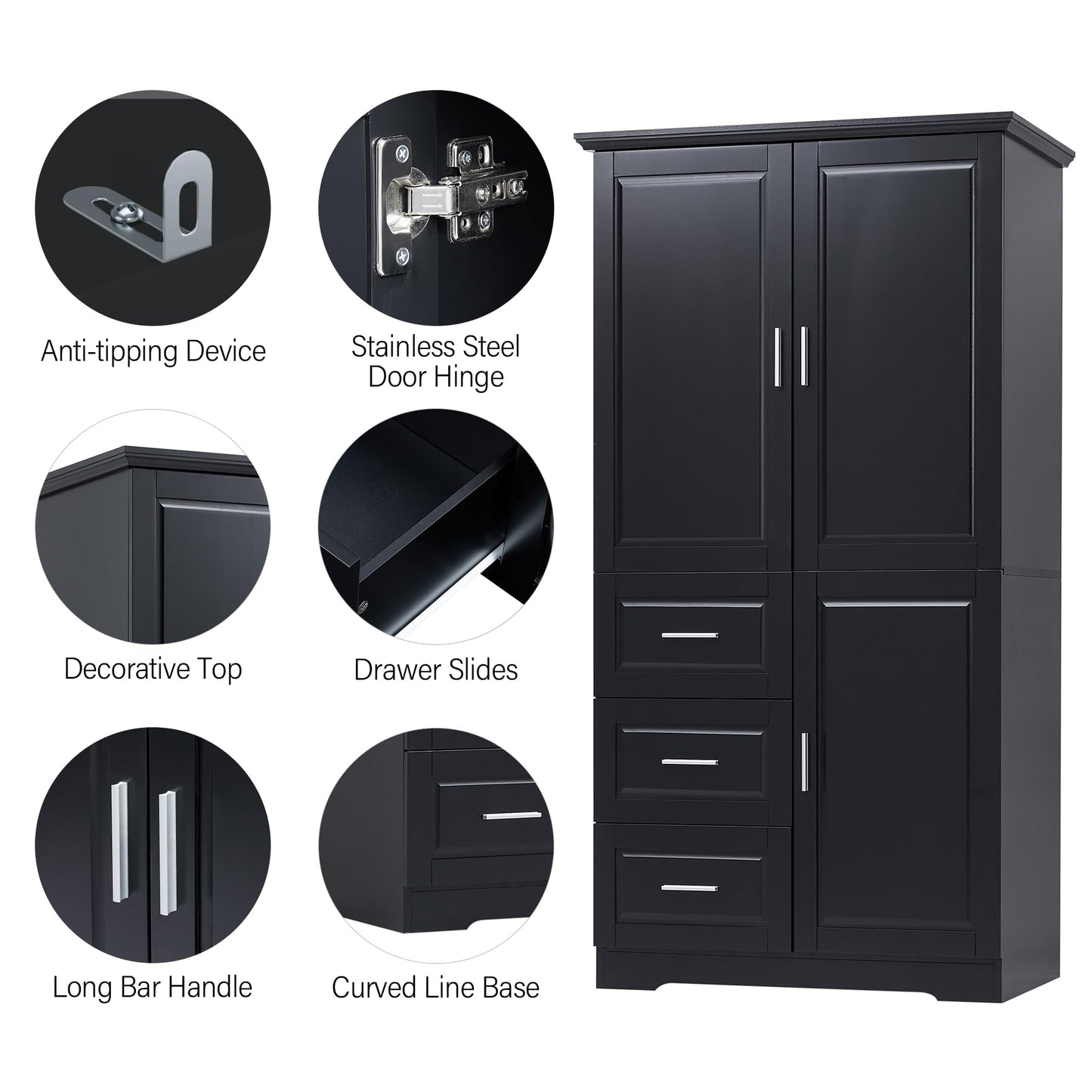 62.2" Wide Storage Cabinet Pantry Cupboard with Doors and Drawers for Home Kitchen, Bathroom and Living Room, Adjustable Shelf, Black