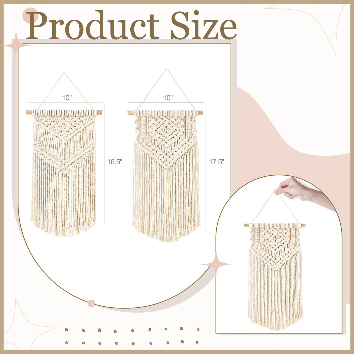 Dahey Small Macrame Wall Hanging 2 Pcs Woven Tapestry Wall Art Decor - Beautiful for Boho Home Bedroom Dorm College Classroom Decor, Apartment, Nursery, Party Decorations, 16.5" L x 10" W and 17.5"x 10"W