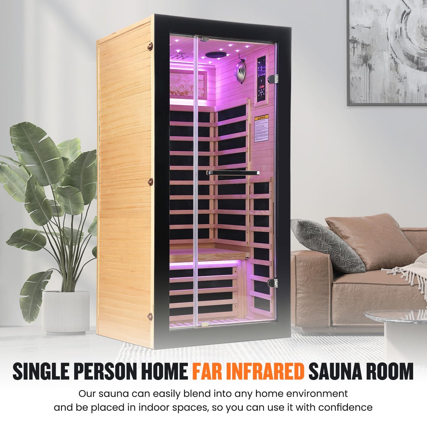 OUTEXER One Person Sauna Far Infrared Saunas Room Canadian Hemlock 1450W Dry Saunas Spa with 7 Starry Sky Light 35.4 * 35.4 * 70.8inch
