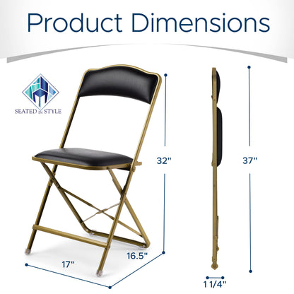 Premium Folding Chairs 4 Pack - Narrow 15" Seat, Padded Seat & Back - Folds Ultra Slim (~1 Inch) - Elegant Event Seating for Weddings, Parties & Dining Gold Frame Black Vinyl
