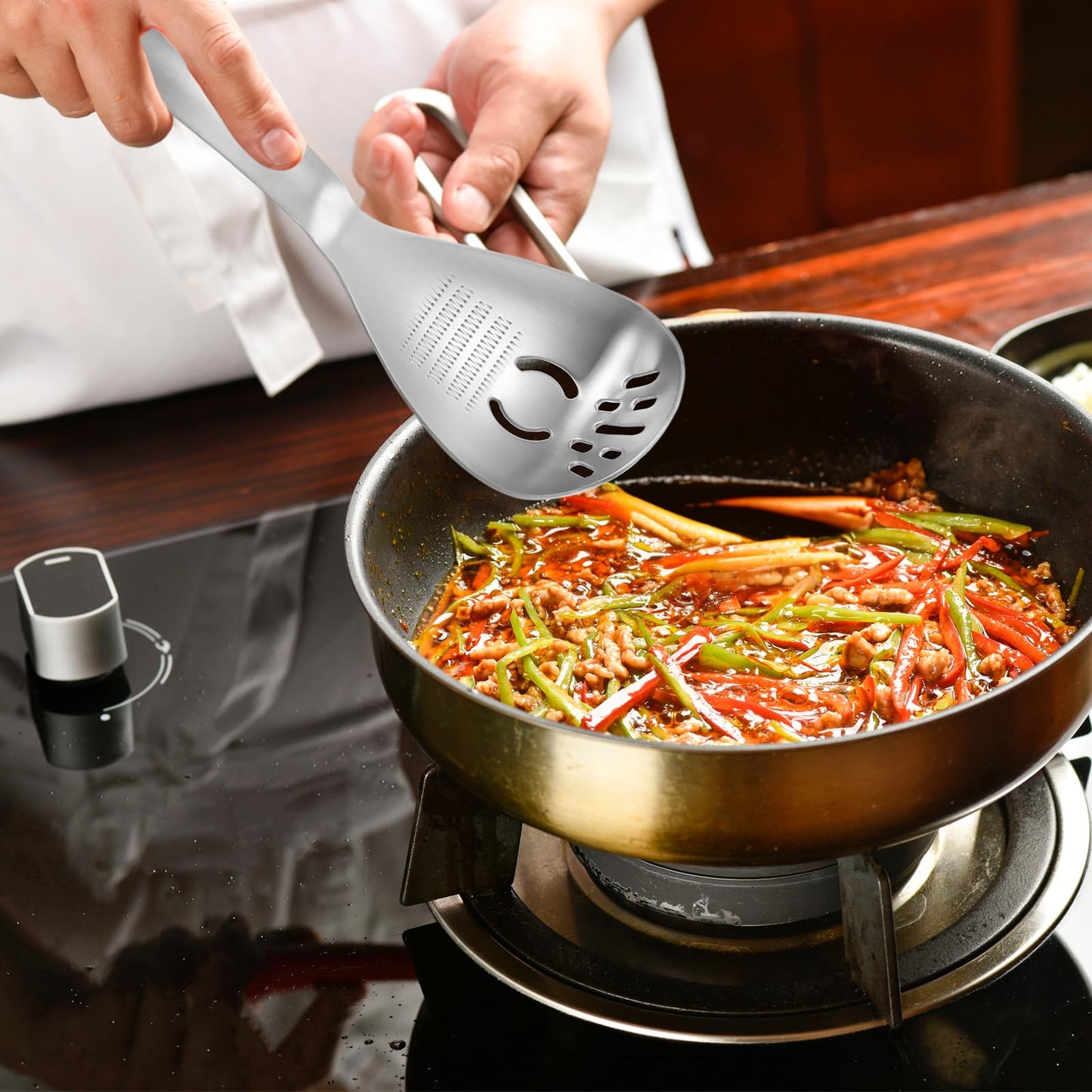 2PC Multi-Function Cooking Spoon with Potato Masher, Egg Yolk Separator, Grater Plate, Bottle Opener & Slotted Spoon - 304 Stainless Steel, MEIYUSHENG