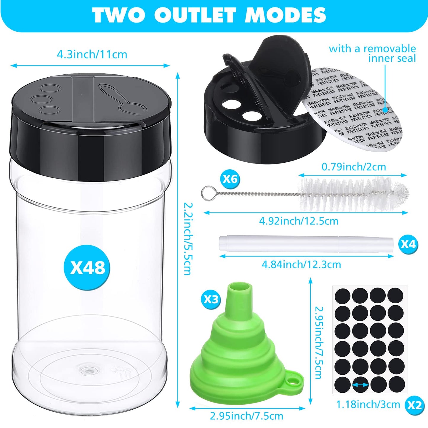 Mimorou 48 Pcs Clear Plastic Spice Jars Spice Bottles with Shaker Lids Plastic Seasoning Containers with Chalk Labels Chalk Marker Collapsible Funnel Brush Storage Containers for Kitchen Cabinet