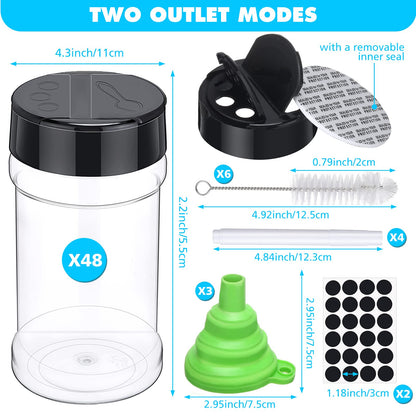 Mimorou 48 Pcs Clear Plastic Spice Jars Spice Bottles with Shaker Lids Plastic Seasoning Containers with Chalk Labels Chalk Marker Collapsible Funnel Brush Storage Containers for Kitchen Cabinet